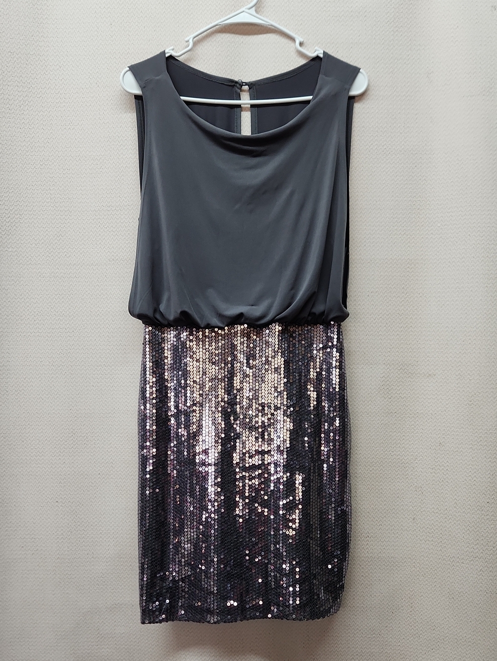 Enfocus Studio Gray Blouson Top with Rose-Gold Sequin Skirt Mini Dress